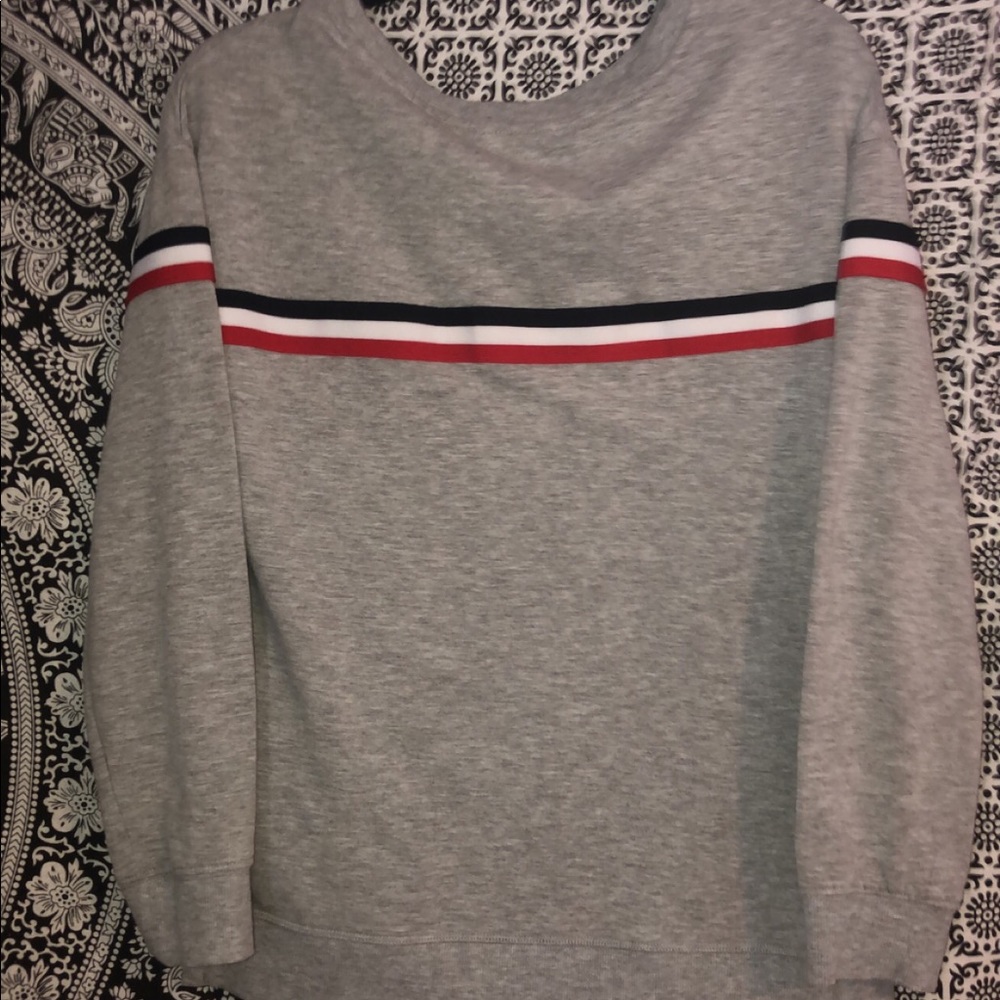 Pink Rose Gray Sweater with Stripe Across